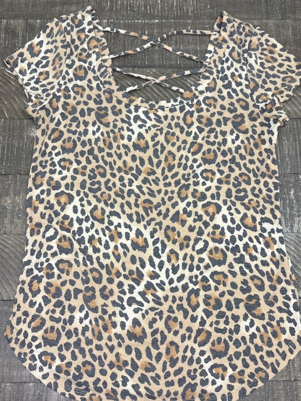 No Boundaries Leopard Print Short Sleeve Tee with Crisscross Back
